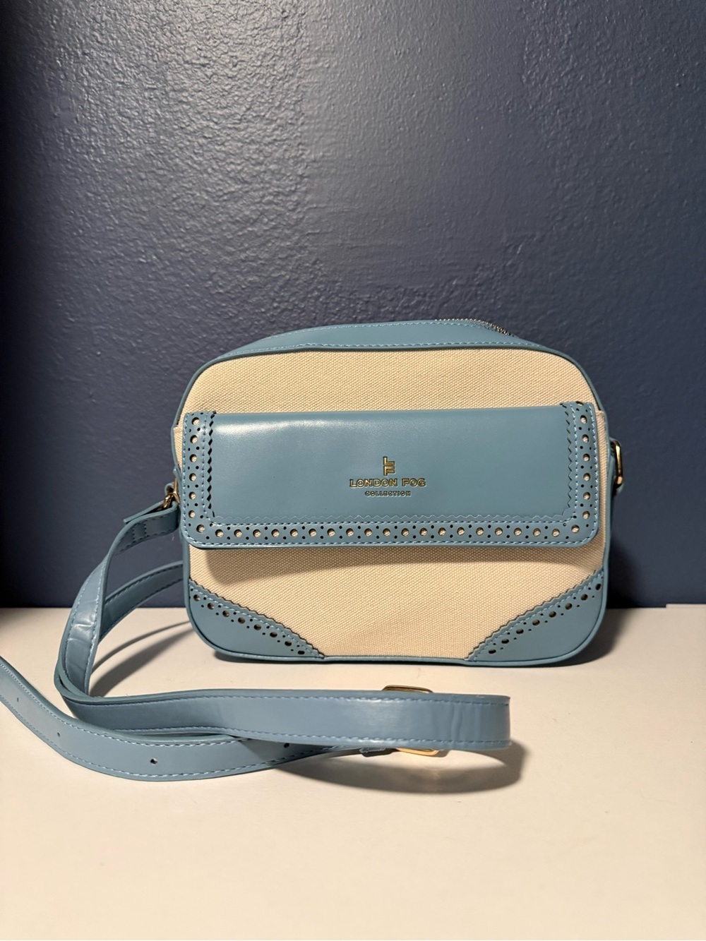 London Fog Canvas & Blue Faux Leather Crossbody Purse Brogue Style Laser Cut